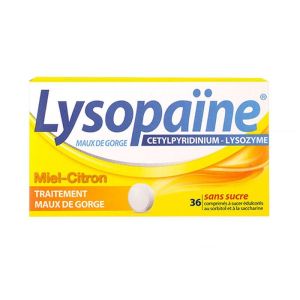 Lysopaïne 36 sugar-free tablets, honey and lemon flavor