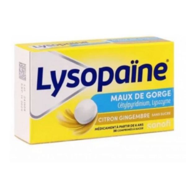 Lysopaïne Sore Throat Lemon Ginger Sugar-Free 36 Tablets